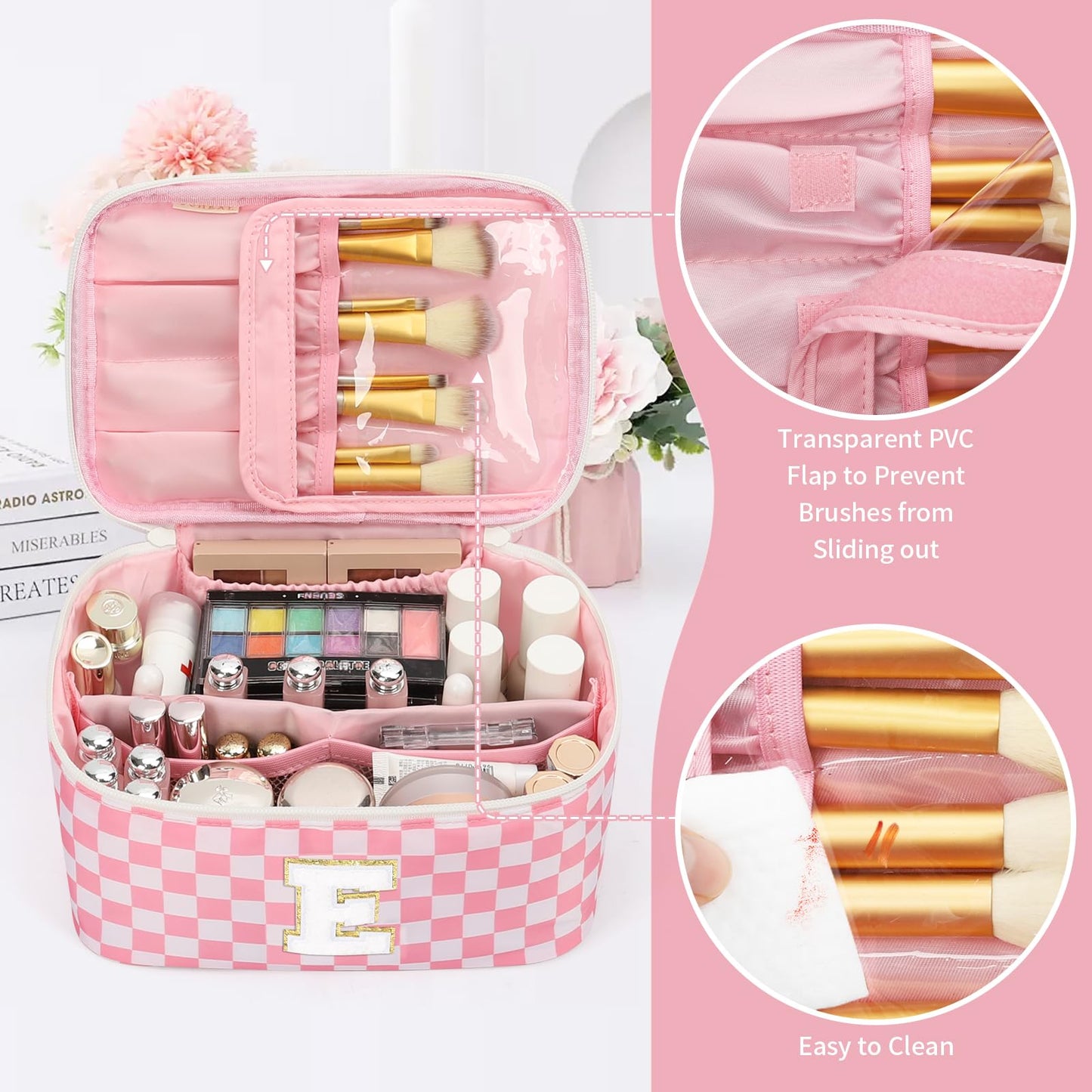 OCHEAL Makeup Bag for Women, Monogram Cosmetic Bag Pink Travel Makeup Case Beauty Toiletry Bag Organizer Personalized Gifts for Girls Bridesmaid, Sister, Wife, Friends Initial E