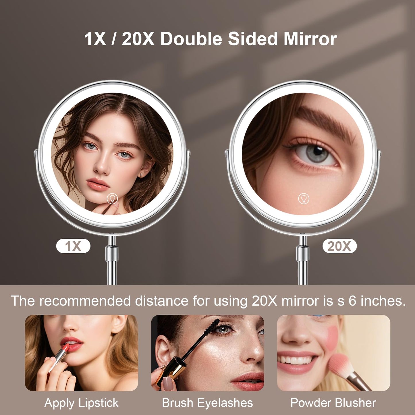 8.5" Makeup Mirror with Lights, 1X/20X Lighted Magnifying Mirror with 3 LED Lighting , 3000mAh Rechargeable Double Sided Vanity Mirrors Height Adjustable and Adjustable Brightness for Desk Women Gift