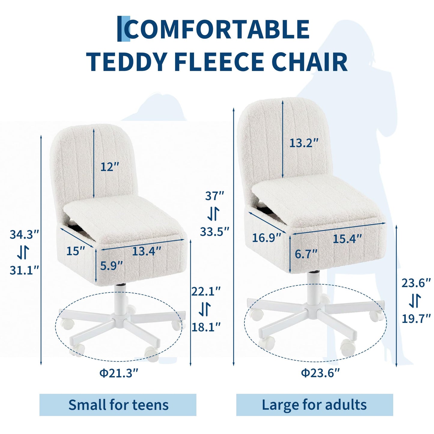 Garvee Small Vanity Stool Chair with Storage and Folding Back, Height Adjustable Lift Ottoman with 360° Swivel and Quiet Wheels, Soft Teddy Fleece Seat Stool for Makeup Bedroom Office, White