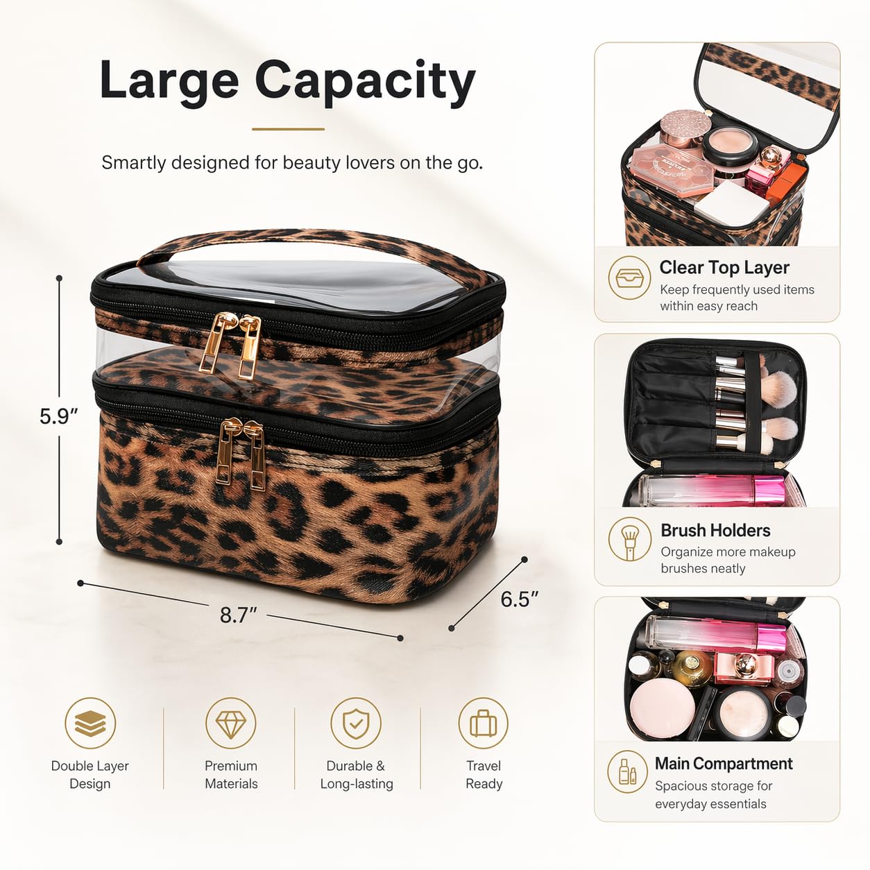 imerelez Double-layer Cosmetic Bag Makeup Bag Travel Makeup Bag Makeup Bags for Women Cosmetics Cases Portable Waterproof Foldable (Leopard)