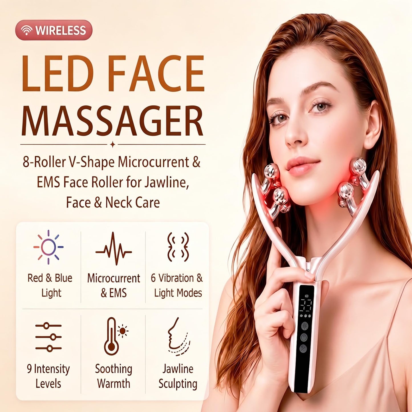SZMDLX Wireless Face Massager Tool, 8-Roller 3D Face Roller for Women, LED Facial Massager,V-Shape Face Sculpting Tool for Jawline, 6 Light & Vibration Modes, USB-C Rechargeable