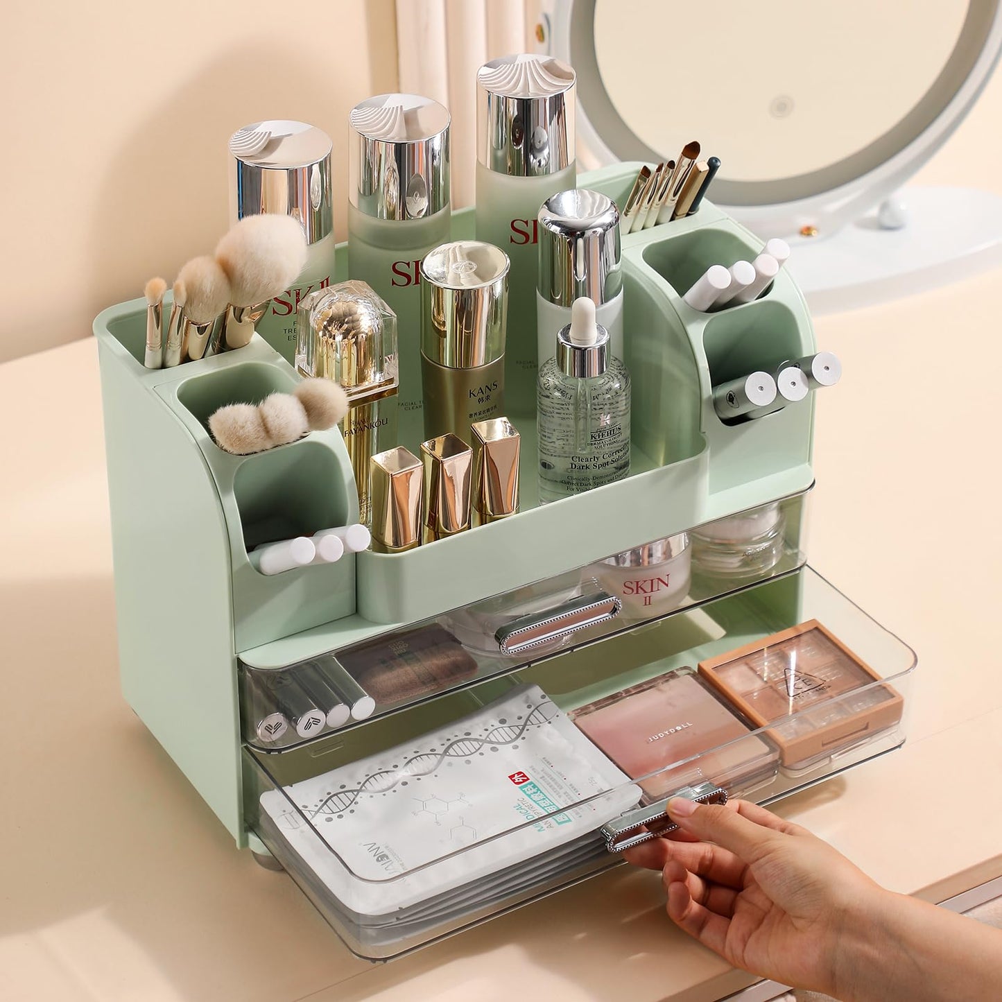 Anyoifax Makeup Organizer Countertop with Large Drawers, Vanity Organizer with Brush Holder, Skin Care Storage for Dresser, Perfume Organizer for Lotion, Lipsitck, Palette, Green