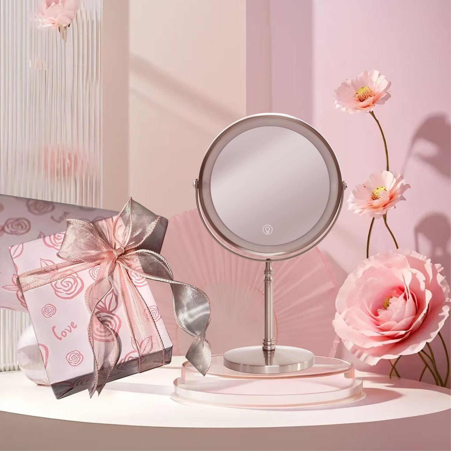Makeup Mirror with Lights ，8 Inch 1X/10X Rechargeable Double Sided Magnifying, 360° Rotation LED HD Mirror with 3 Colors，Brightness Adjustable, Ideal for Daily Skincare and Professional Makeup