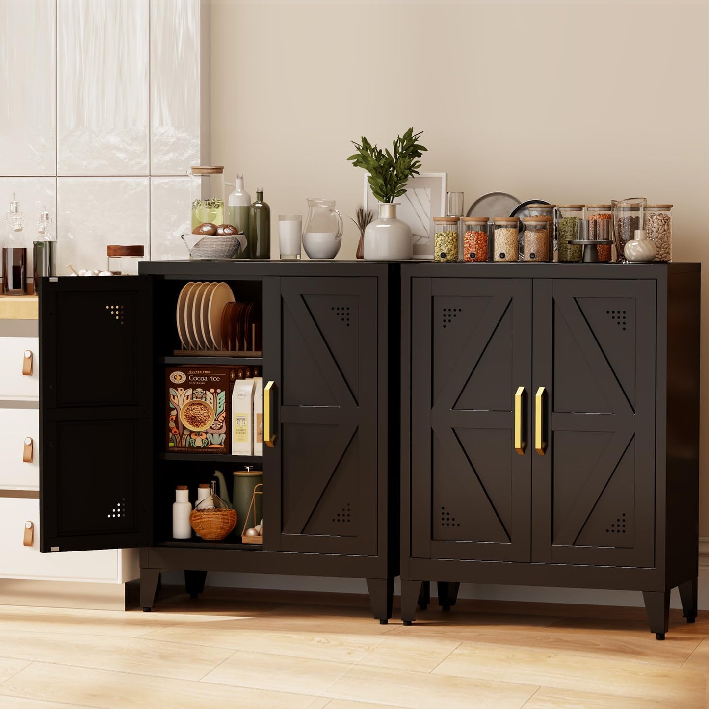 JHYKFG 32" Metal Kitchen Pantry Cabinet,Floor Bathroom Storage Cabinet with 2 Adjustable Shelves,Freestanding Sideboard for Small Spaces, Living Room, Hallway, Dining Room,Black