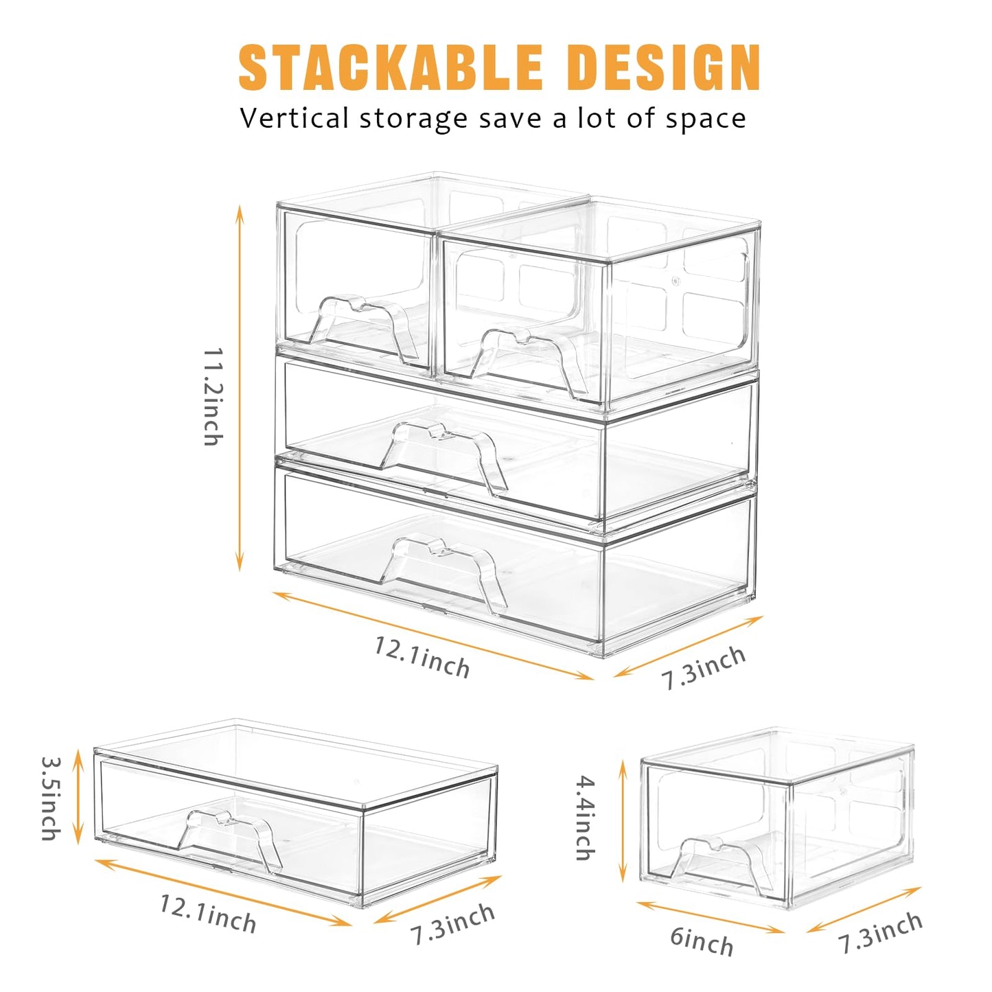Stebopum 6 Pack Stackable Storage Drawers Clear Acrylic Organizer Makeup Bathroom Organizer and Storage Bins for Beauty Supplies,Ideal for Vanity, Bathroom,Pantry Organization