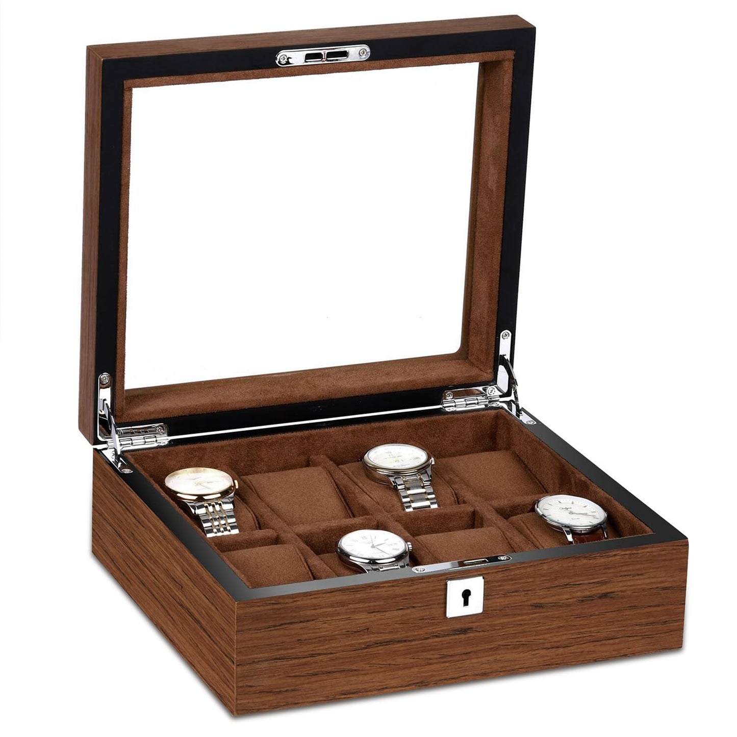 RoYiio 8 Slots Wood Watch Box for men, Watches Storage Box with Glass Lid & 8 Removable Velvet Pillow, Premium Watch Case Men Girls Father's Day Gift