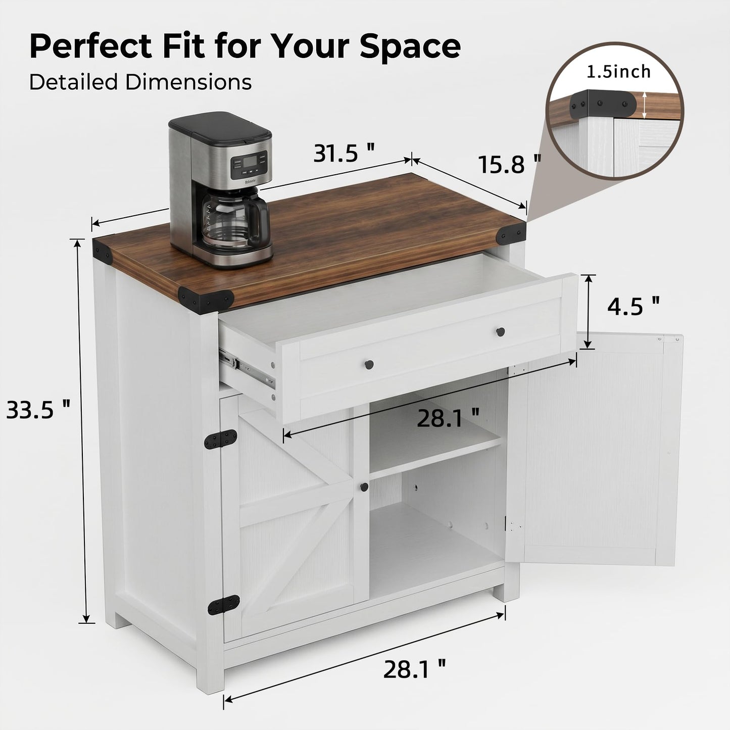 YESHOMY Kitchen Storage Cabinet, Coffee Bar Cabinet, Farmhouse Sideboard Buffet with Storage, Barn Door Accent Cabinet with a Drawer and Adjustable Shelf for Dining Room, Entryway, White&Brown, 1PCS