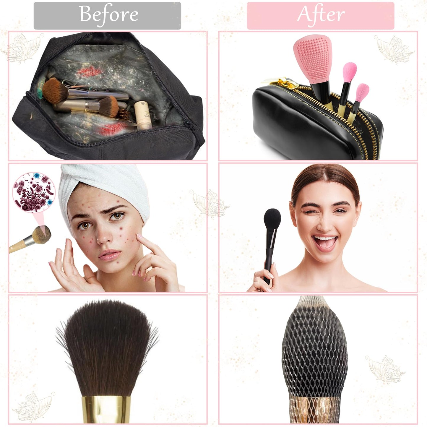 Silicone Travel Make-up Brush Holder with Cleaner Mat Pad, Organizer Case Covers for Foundation Eye Lip Brushes Storage Cleaning, Gift for Women Girl-friend Mother Wife, 5-Pcs Large + 7 Small, Blue