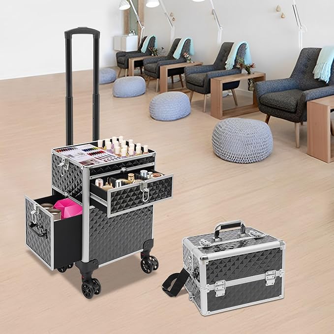 Beauty Luggage Rolling Lockable Makeup Train Case Stylist Cosmetic Luggage Travel Organizer with Hair Dryer Holder & Compartment