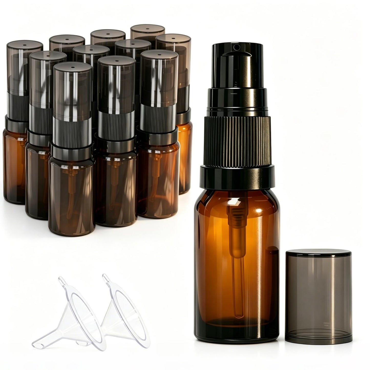 Jagolain 12Pack 10ml Amber Glass Pump Bottle, Travel Refillable Cream Lotion Essentail Oil Bottles,Empty Small Cosmetic Dispenser Shampoo Containers (10ml amber 12pcs)