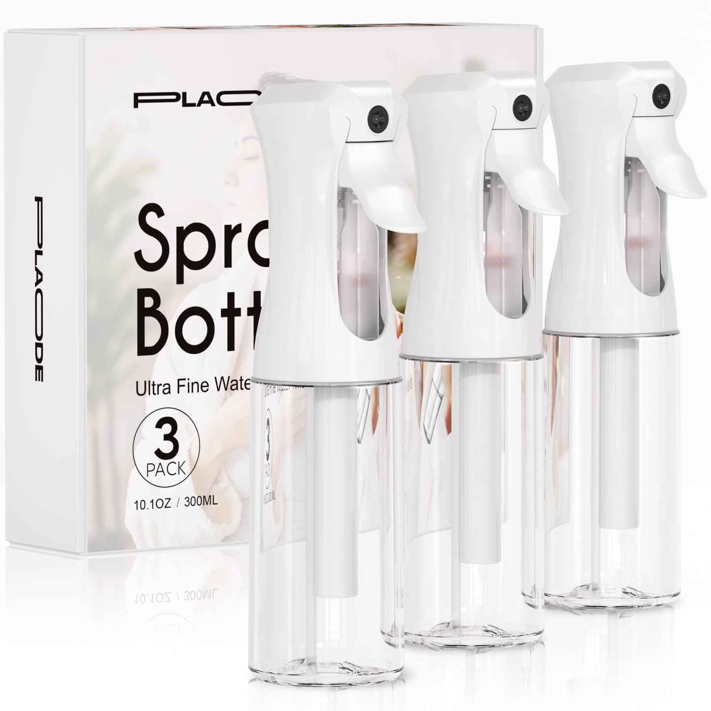 3 Pack Spray Bottle for Hair - Continuous Hair Spray Bottles Refillable Mister Sprayer for Hairstyling, Plants, Pets, Skincare, Cleaning (10.1 OZ/300ML, White)