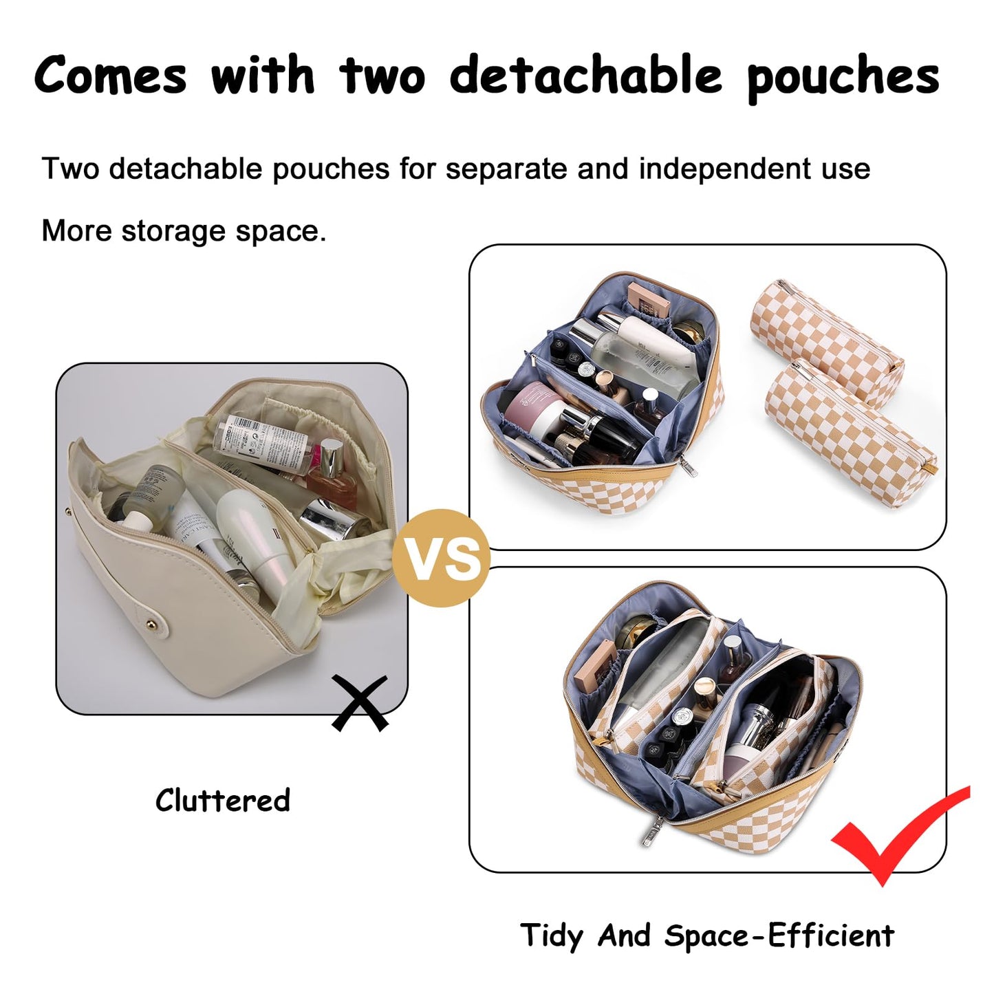 BOYATU Travel Makeup Bag Organizer Cosmetic Bag: 3 Pcs Set Make up Bags for Women with Handle - Waterproof Vegan Leather Toiletry Bag (01-G-Apricot)