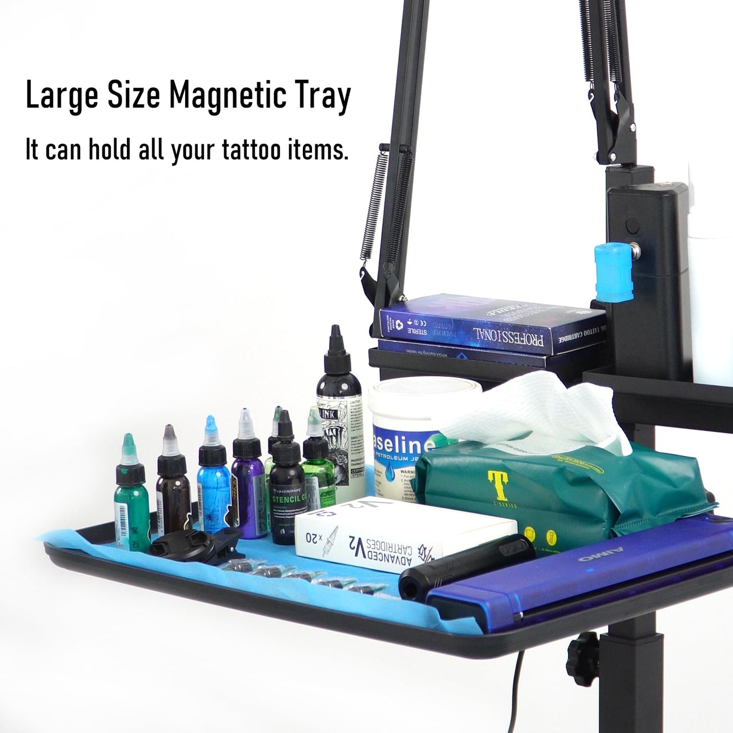 Tattoo Workstation Cart with Wheels, Rolling Tattoo Tray Station with Ultra Bright 4-Leaf LED Light, Dual Adjustable Phone & Tablet Holders, Mobile Tattoo Equipment Stand for Tattoo Artists & Studios