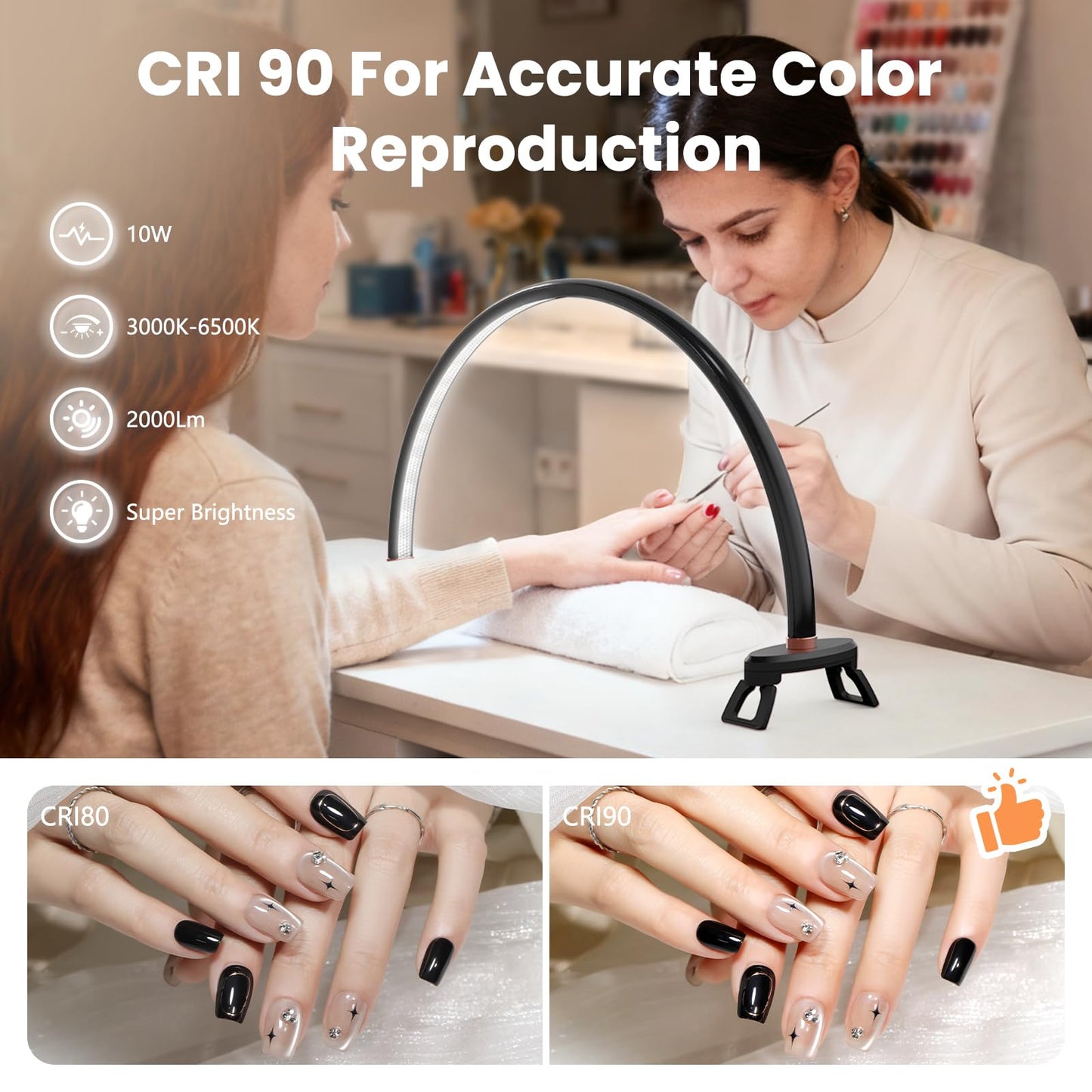 Yokilly Arc Half Moon Light: 20" Half Moon Light with Foldable Bracket for Desk Salon Table Use - No Flicker & Shadow-Free Desk Lamp with Stepless Brightness 3000-6500K for Manicurist Nail Tech