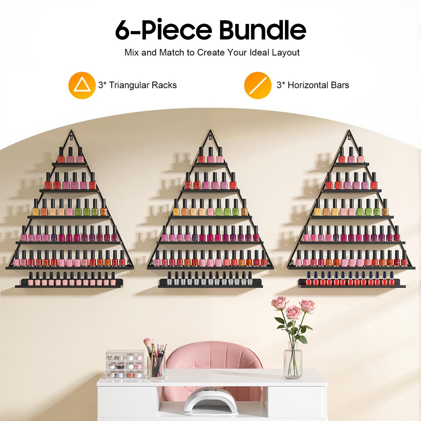 BANEBONE Elegant Gold Wall Mounted Nail Polish Rack - Set of 6 Triangular Cosmetic Display Shelves for Essential Oil Bottles, Organize Your Lipsticks and Perfumes in Style at Home or Salon (Black)