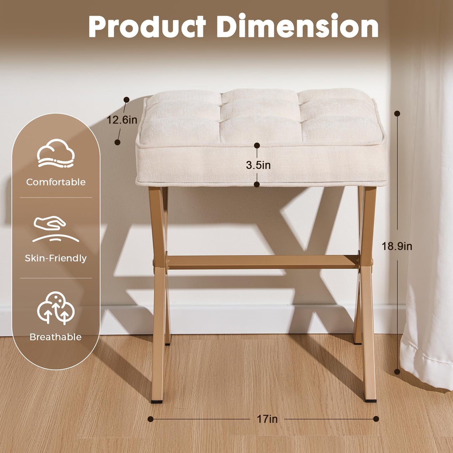 OUSADOU Upholstered Vanity Chair with Metal X-Legs & Soft Linen Fabric - Modern Square Foot Stool Ottoman,Versatile Seat and Footrest for Makeup, Living Room, Bedroom & Entryway(X-Yellow-White)