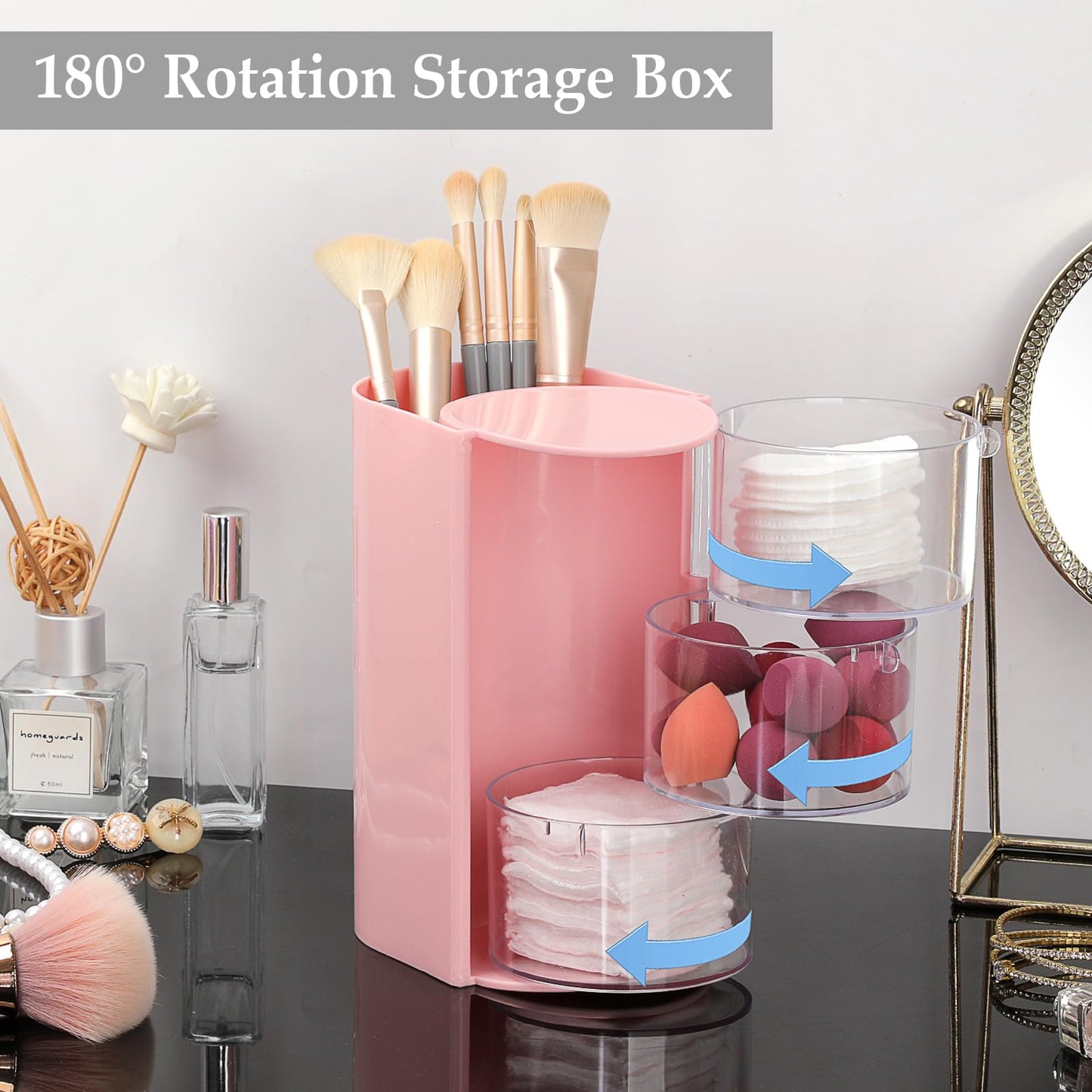 GUSHBIN Hair Accessories Organizer with Hair Brush Holder Spinning Cosmetic Storage Case for Makeup Sponge Plastic Desktop Organizer, 3-Layer Pink