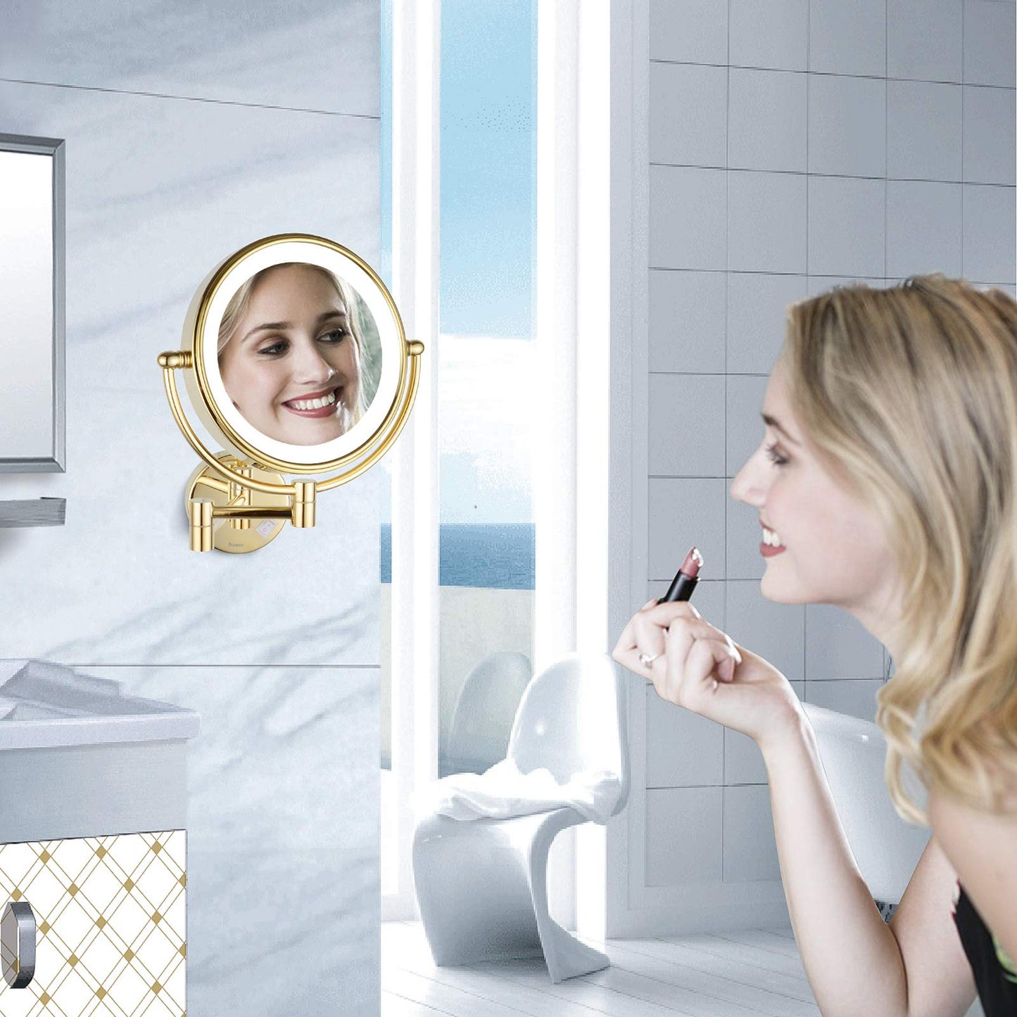 DOWRY 8 Inch Wall Mounted Vanity Makeup Mirror with LED Lighted,360 Swivel Double-Sided 10X Magnification Mirror for Bathroom/Bedroom/Hotel,Gold Finish