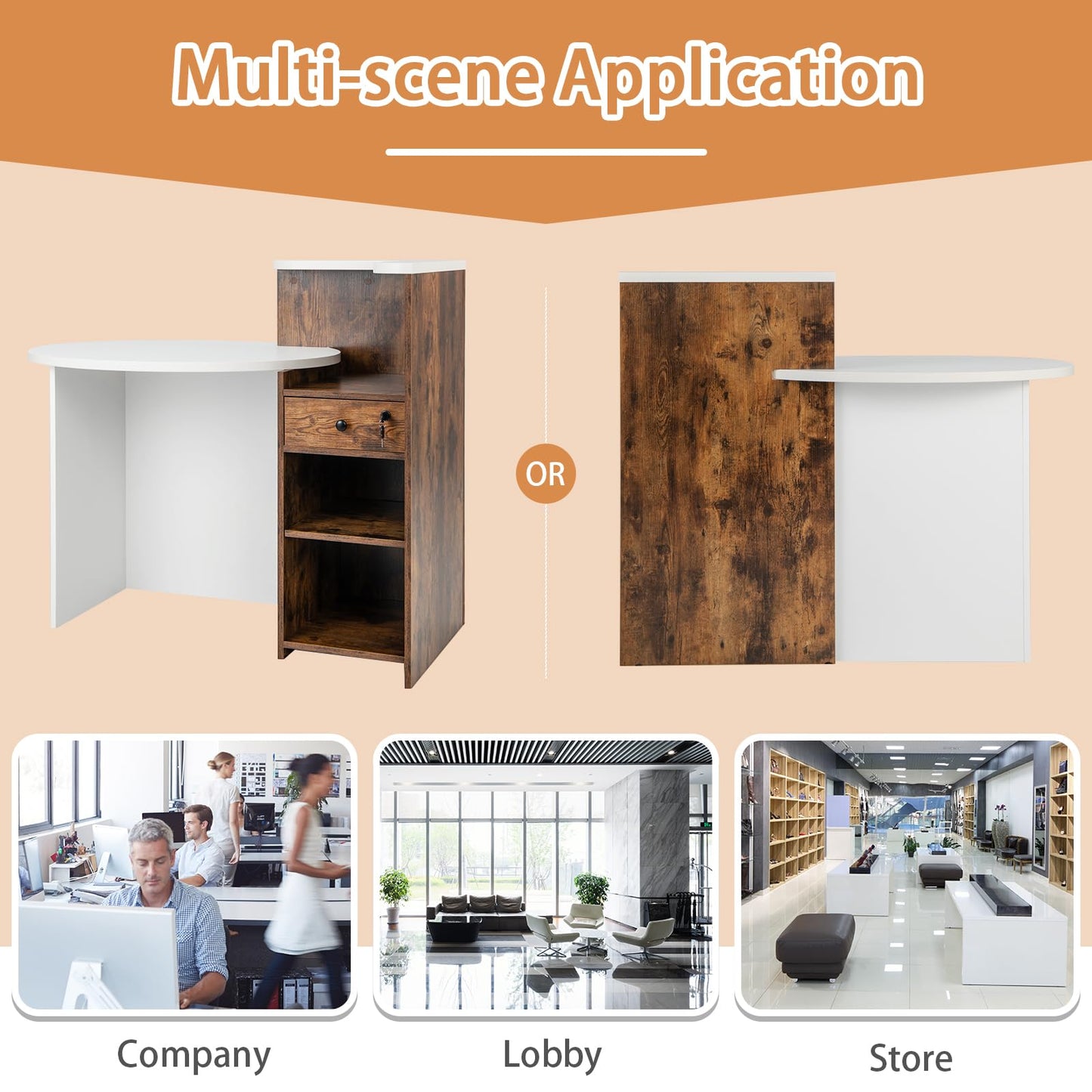Tangkula Reception Desk, Front Counter Desk with Lockable Drawer & Adjustable Shelf, Oval Desktop, Retail Counter for Checkout, Computer Workstation for Salon Lobby Home Office
