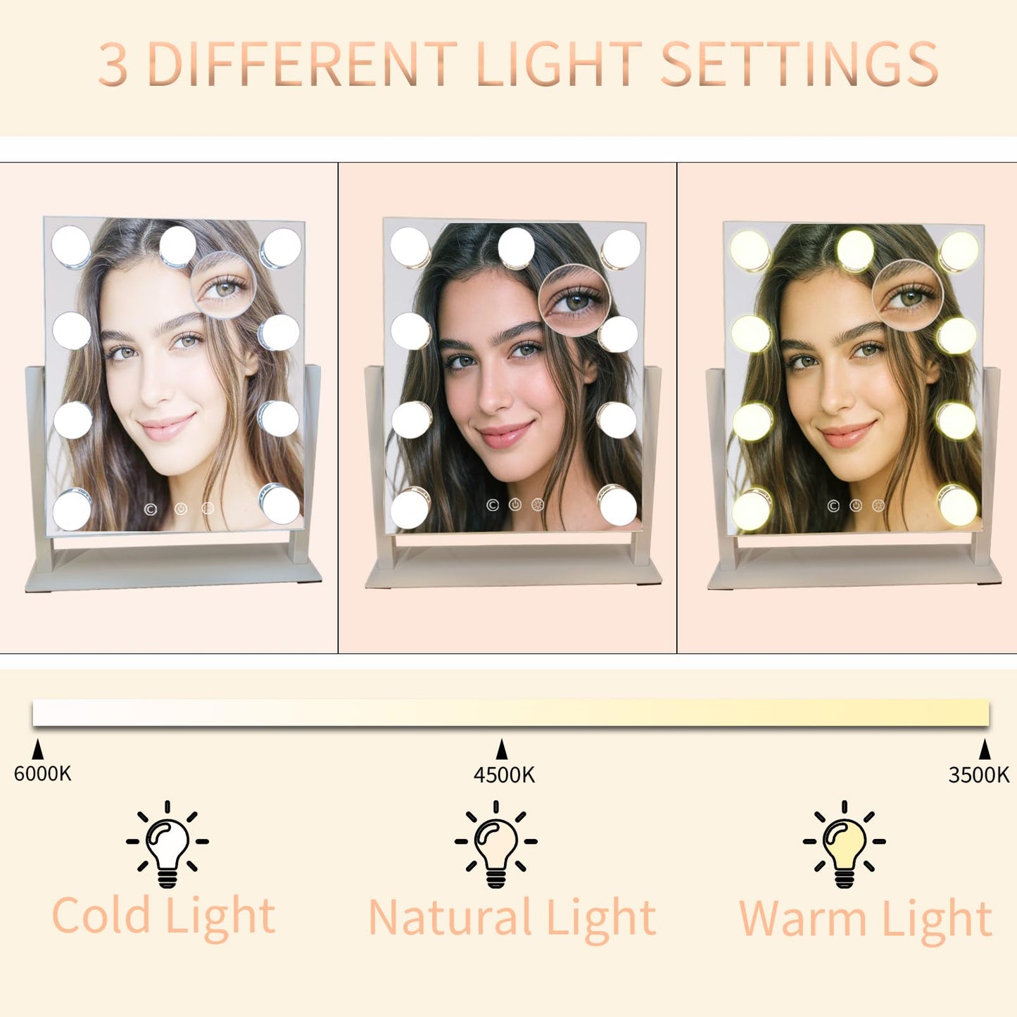 Hollywood Vanity Mirror with Lights - 9 Dimmable Bulbs, 3 Color Modes & 10x Magnification, Smart Touch Control, 360° Rotation, Perfect as Travel Mirror with Light, Stocking Stuffers for Teen Girls