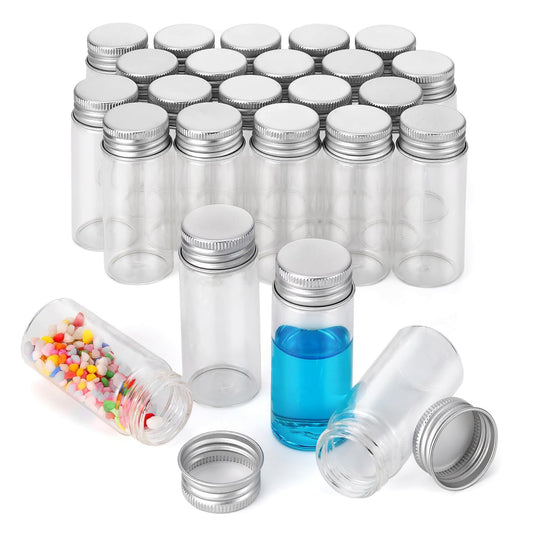 Njvial 24Pcs 30ml/1oz Empty Tiny Jars Small Lab Sample Vials with Lids, Refillable Mini Glass Bottles with Silver Aluminum Screw Caps for DIY Crafts Essential Oils Storage Wedding Decoration