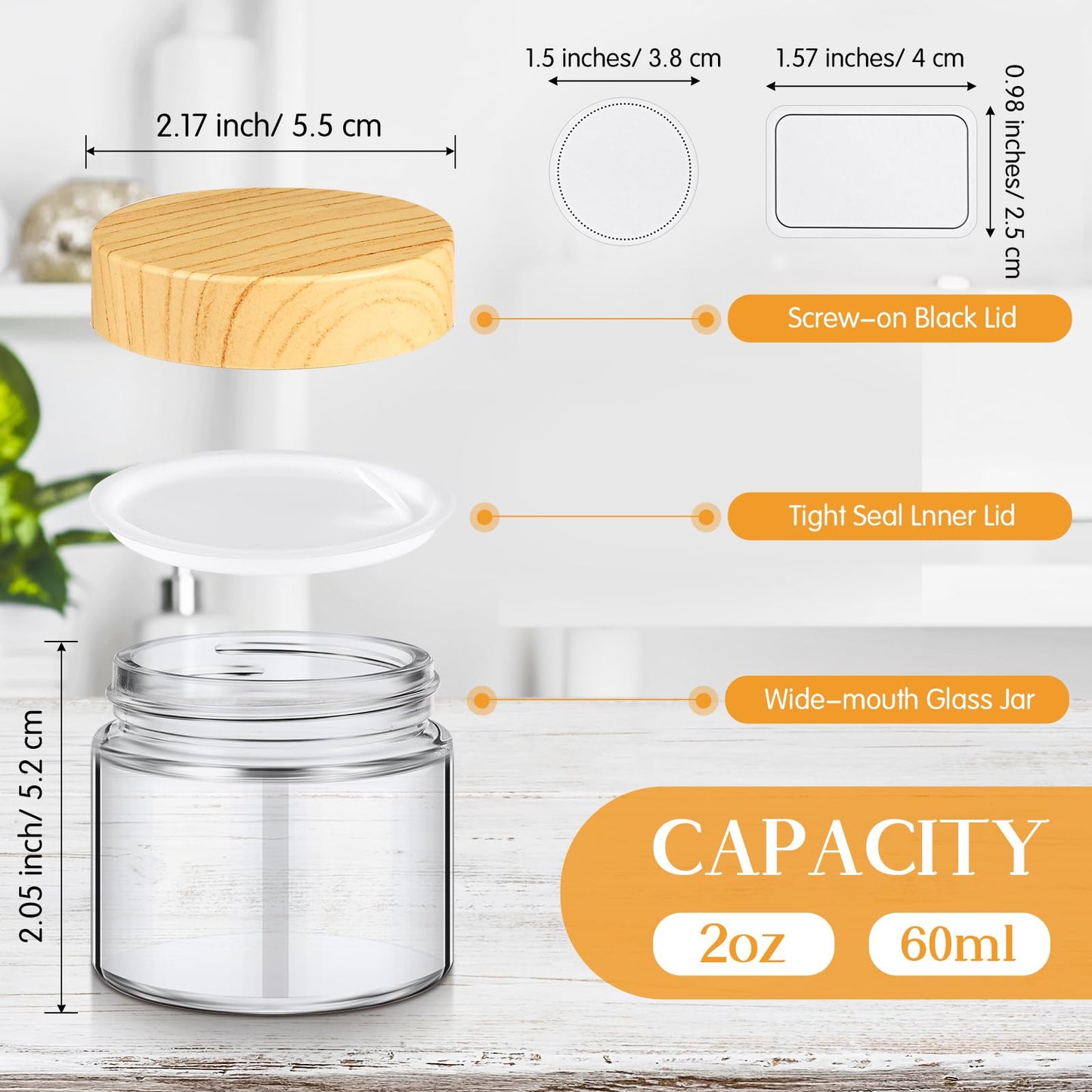 Layhit 2 oz Glass Jars with Lids, 24 Pack Clear Glass Jars with Woodgrain Lids Empty Cosmetic Containers Round Airtight Jar with Inner Liners, Labels and Lid for Storing Lotions Powders and Ointments