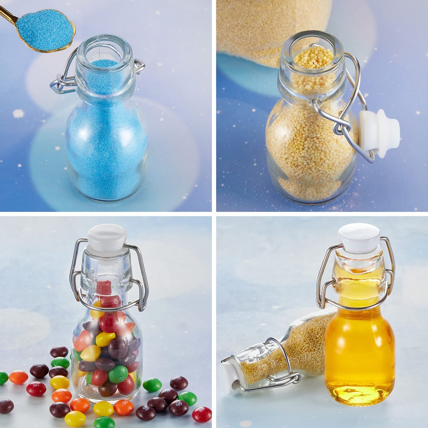 Tessco 24 Pcs Mini Swing Top Glass Bottles with Stoppers Small Flip Top Bottles with Airtight Lids for Crafts Decoration Wedding Themed Party Favors(2 oz,Transparent)