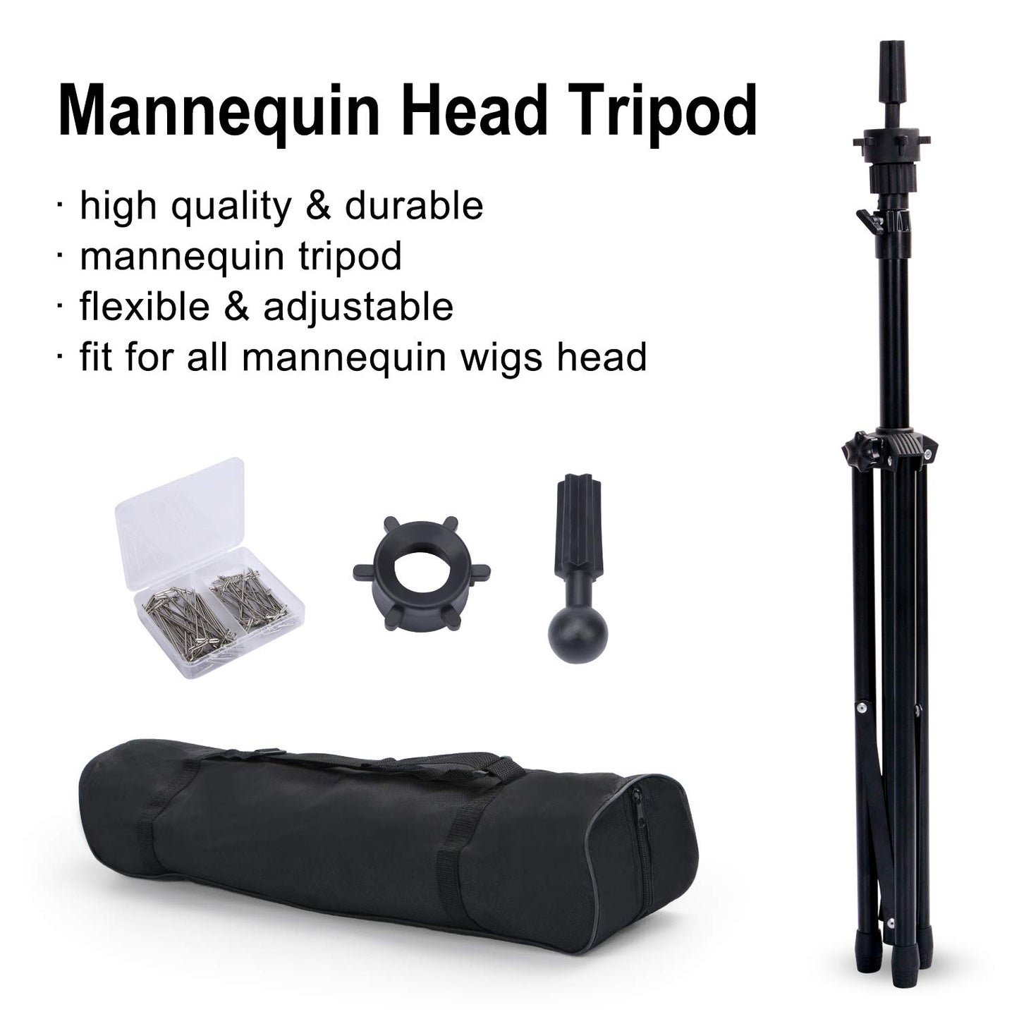 Klvied Reinforced Wig Stand Tripod for Mannequin Heads, Adjustable 34.64-51.48 Inch Wig Head Stand with 0.8 Inch Top Base, Carrying Bag, T-Pins, Wig Caps, Comb and Hair Clips