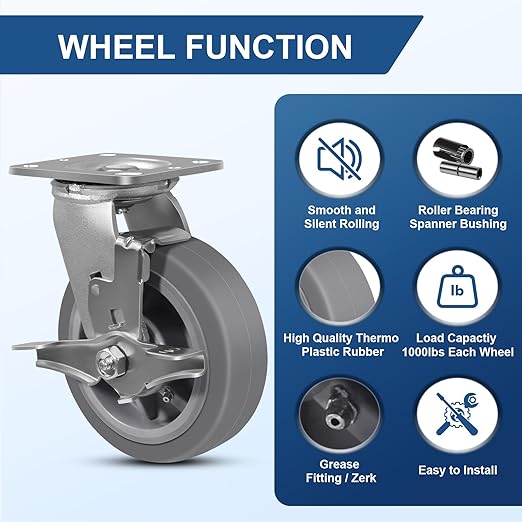 6"x2" Rubber Wheels (Flat Tread)- Heavy Duty Casters, Industrial Caster Wheels- Set of 4 with up to 4000 LB Capacity- Use for Dollies, Workbench(2 Brake &2 Rigid)
