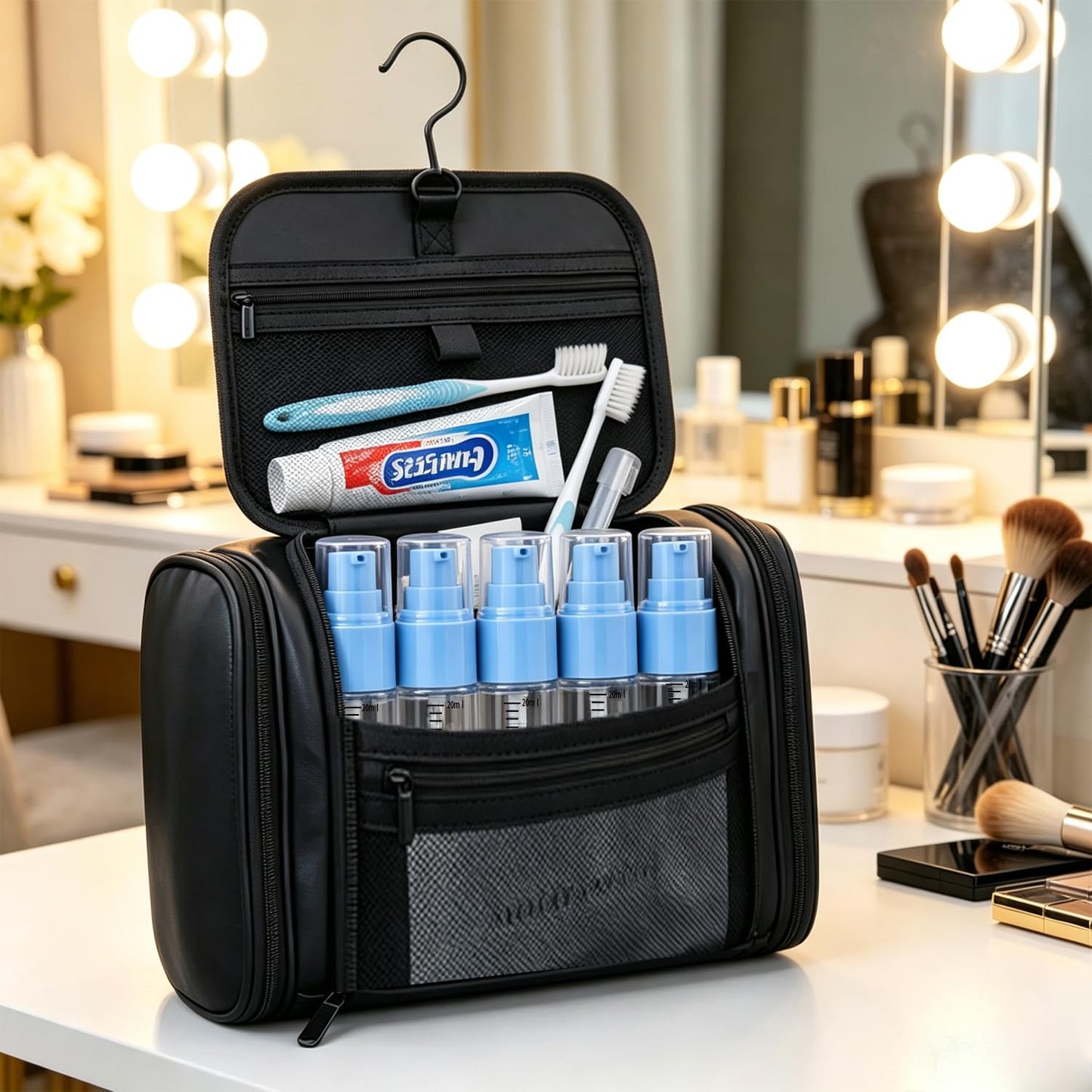 XQNCBY 0.7oz/20ml Travel Airless Pump Bottles, 5 Pack Refillable Vacuum Cosmetic Containers with Clear Organizer Case & Labels, Small Lotion Dispenser Bottles for Skincare, Toiletries & Cosmetics