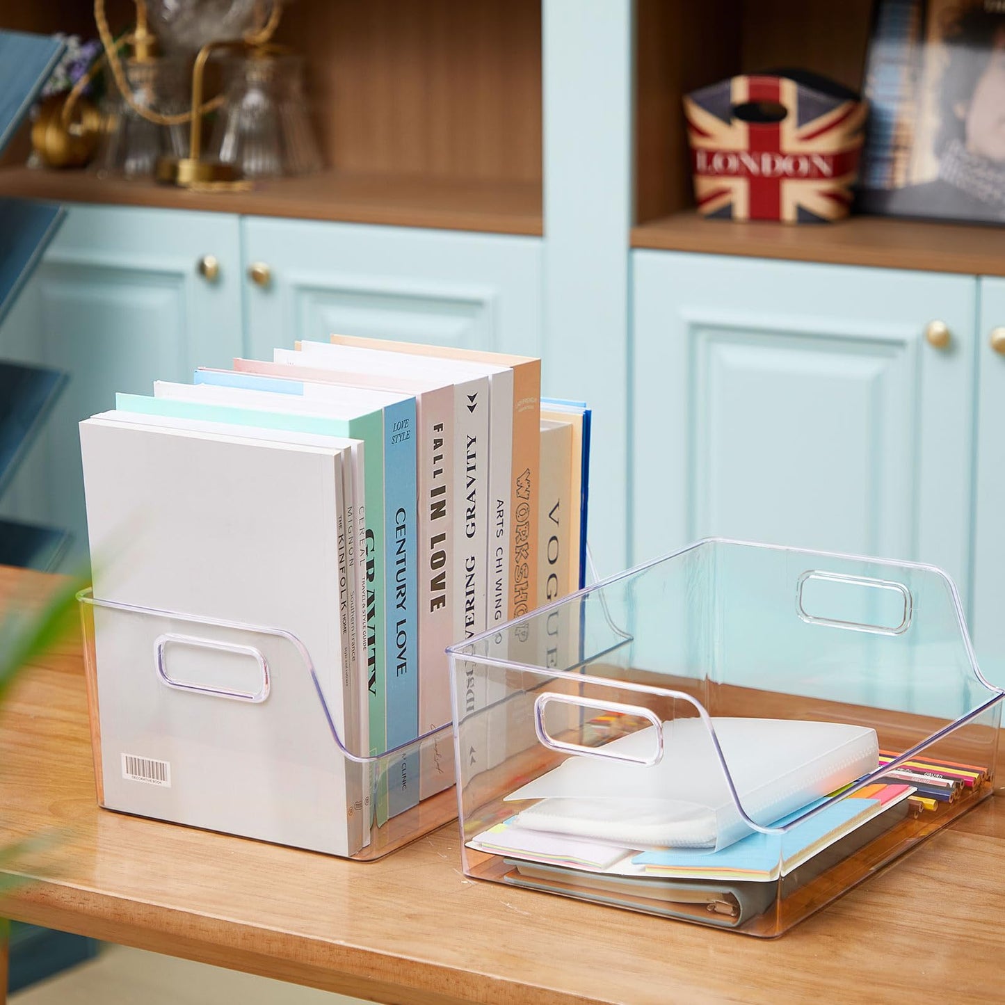 Menkxi 8 Pcs Clear Large Storage Book Display Case 13 x 8.5 x 5.9 Inch Book Organizer Stackable Bookcase Display Storage Containers with Handle Office Bookshelf Organizer Rack for CDs Magazine