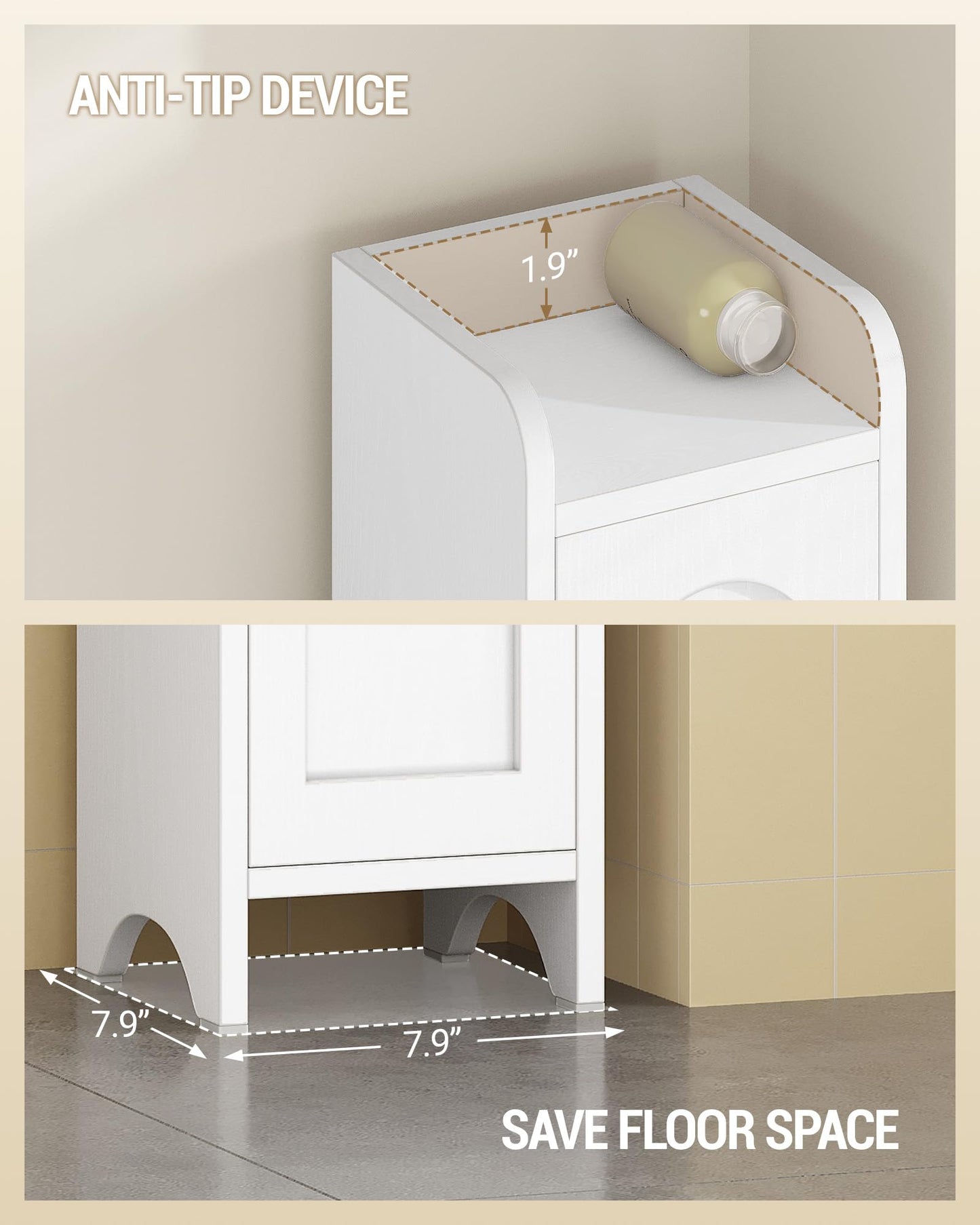 Hzuaneri 70.9" H Bathroom Storage Cabinet, Tall Corner Cabinet with 4 Doors and Adjustable Shelf, Slim Freestanding Floor Cabinet with Arched Door for Small Spaces, 7.9" D x 7.9" W x 70.9" H White