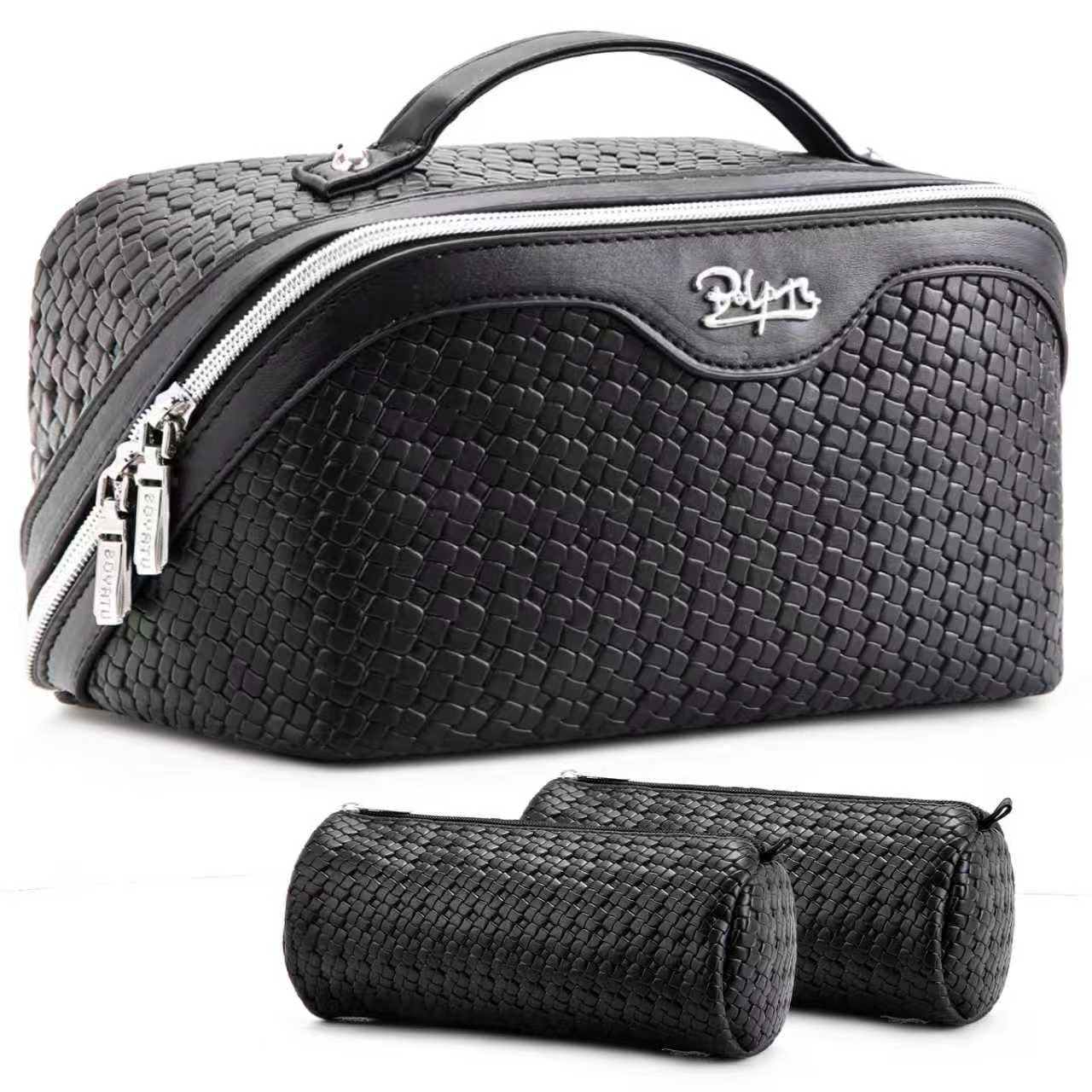 BOYATU Travel Makeup Bag Cosmetic Bags for Women: Large Capacity 3 Pcs Set Make up Bag with Compartments - Waterproof Vegan Leather Toiletry Organizer Bags with Handle (L15 Black)