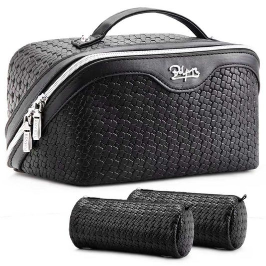 BOYATU Travel Makeup Bag Cosmetic Bags for Women: Large Capacity 3 Pcs Set Make up Bag with Compartments - Waterproof Vegan Leather Toiletry Organizer Bags with Handle (L15 Black)