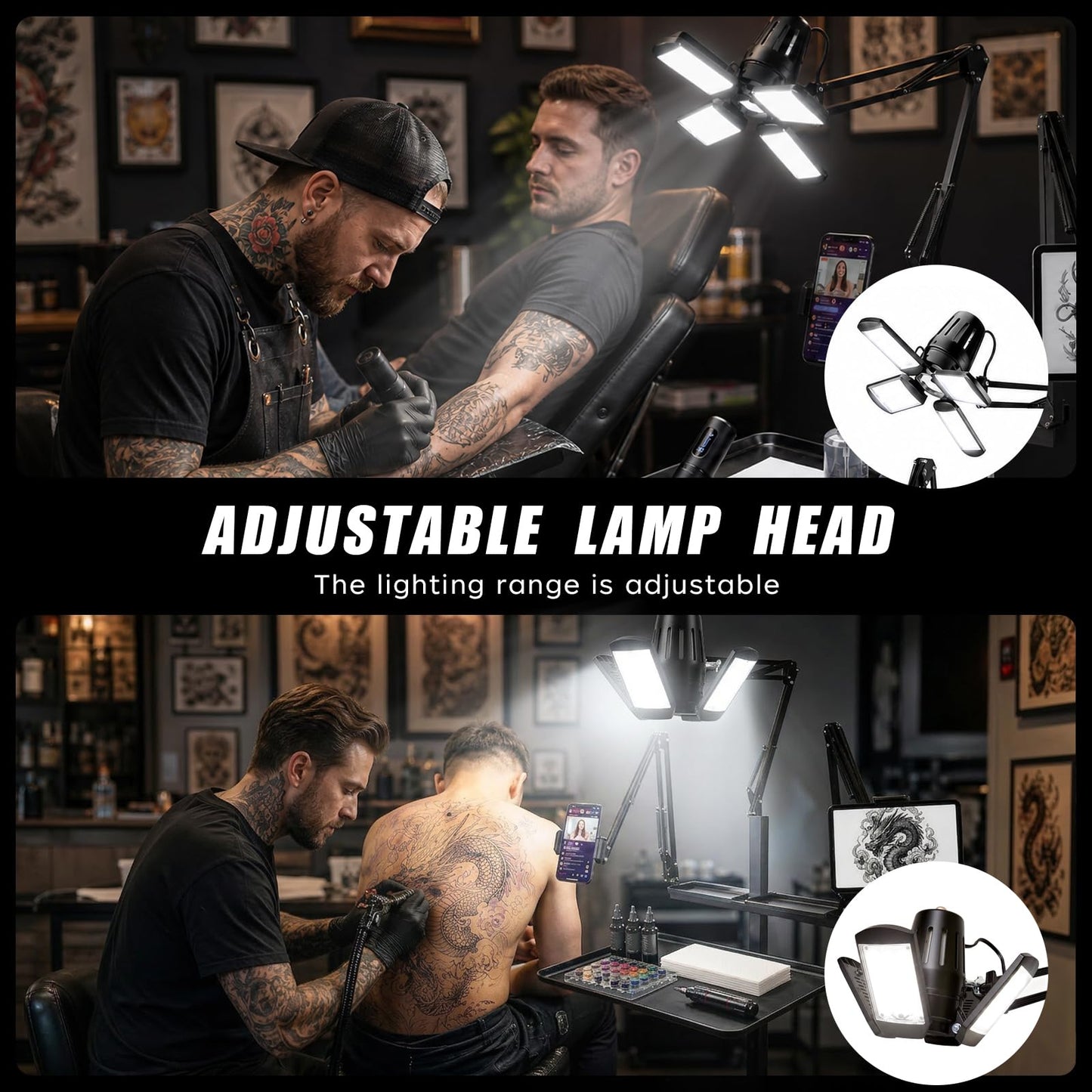 Tattoo Workstation Cart with Wheels, Rolling Tattoo Tray Station with Ultra Bright 4-Leaf LED Light, Dual Adjustable Phone & Tablet Holders, Mobile Tattoo Equipment Stand for Tattoo Artists & Studios