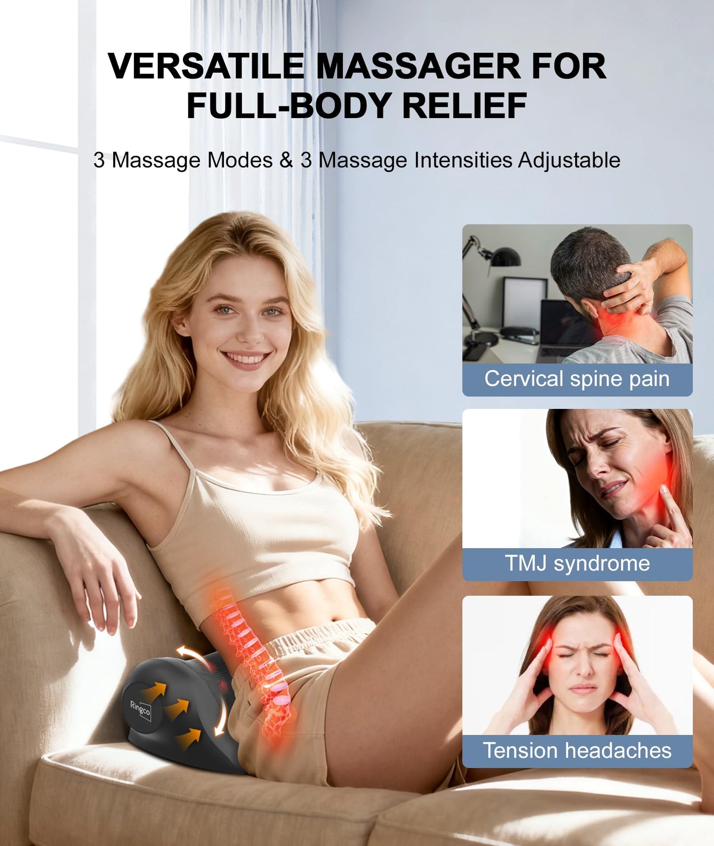 RINGCO Neck Massager with Heat, Red Light & Vibration Adjustable, Heated Neck Stretcher with 3 Modes, Rechargeable Cervical Traction Device for Pain Relief & Muscle Relaxation, Gift for Women Men