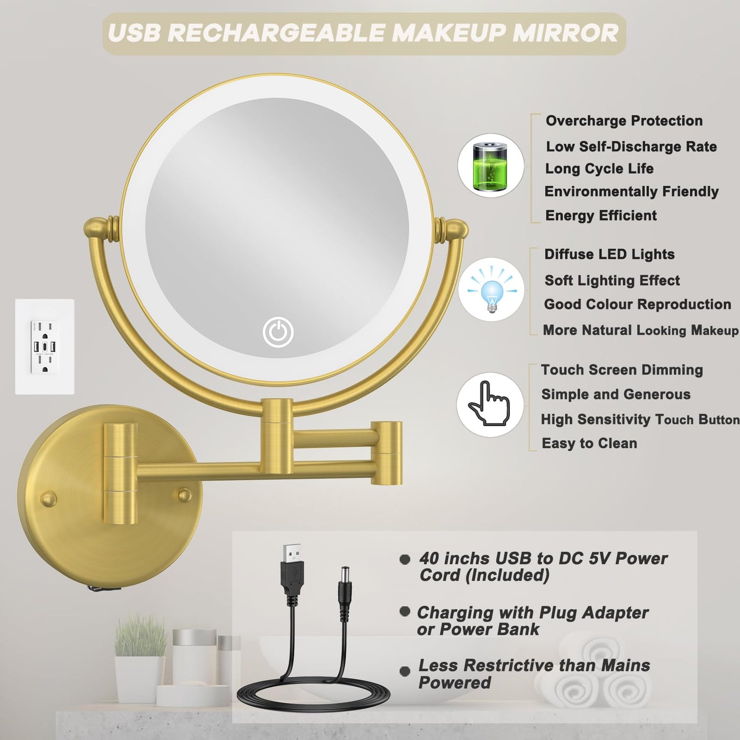 Rechargeable Wall Mounted Lighted Makeup Mirror with Magnification Gold, 8 Inch 1X/10X Magnifying Two Sided Led with Lights, 360 Swivel Extendable Shaving Mirror for Bathroom, Brushed Gold
