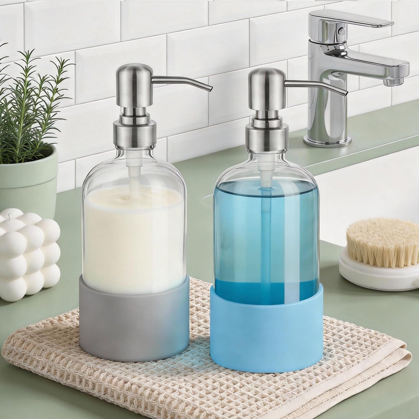 Homepicker 16 oz Hand and Dish Soap Dispenser Set for Kitchen and Bathroom, 500ml Clear Glass Soap Dispenser with Stainless Steel Pump, Non-Slip Silicone Sleeves, Labels - 2 Pack