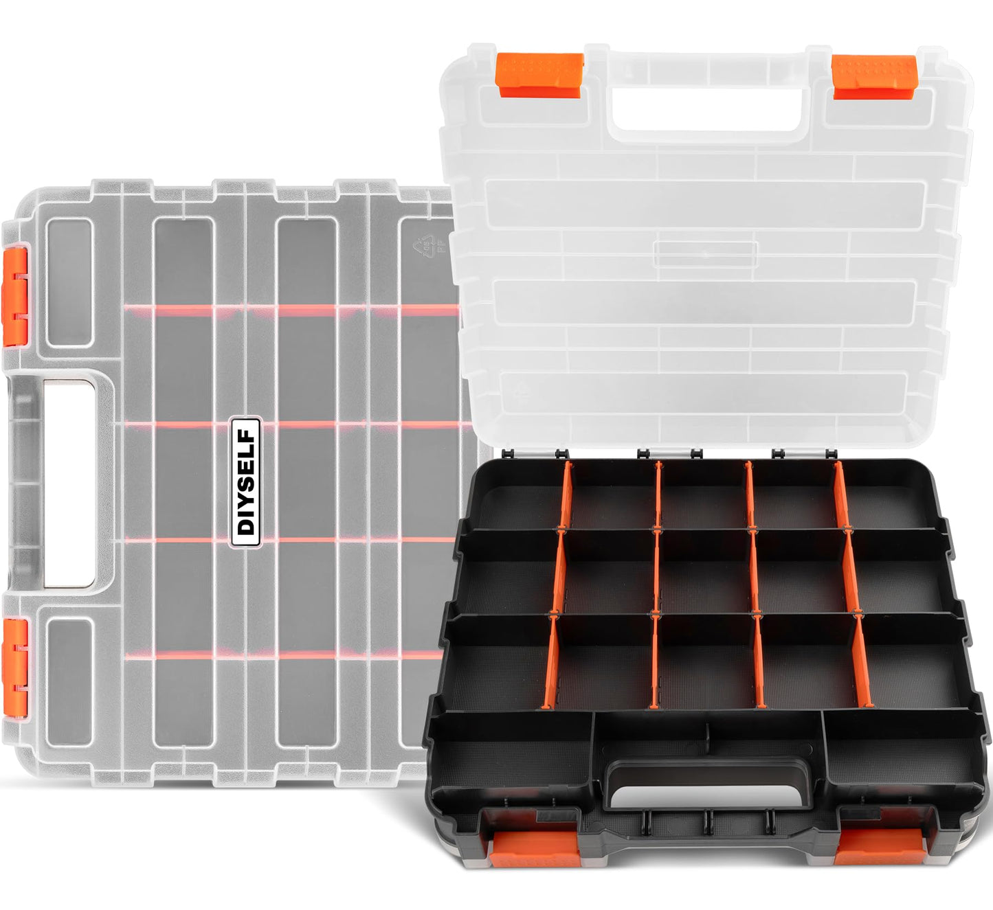 DIYSELF Screw Organizer, Double-Sided 34-Compartment Small Parts Organizer, Hardware Organizers with Adjustable Space, Clear-Lid Compartment Storage Box for Hardware, Crafts, Beads, Nuts and Bolts