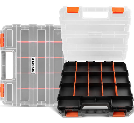 DIYSELF Screw Organizer, Double-Sided 34-Compartment Small Parts Organizer, Hardware Organizers with Adjustable Space, Clear-Lid Compartment Storage Box for Hardware, Crafts, Beads, Nuts and Bolts