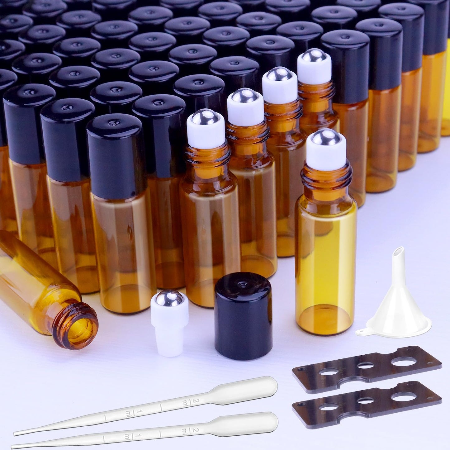 Matifaner 60 Pack 5ml Amber Glass Roll on Bottle For Essential Oils,Perfume Vial with Stainless Steel Roller Ball,Black Caps Mini Sample Vials Cosmetics Small Container (roll-5ml)