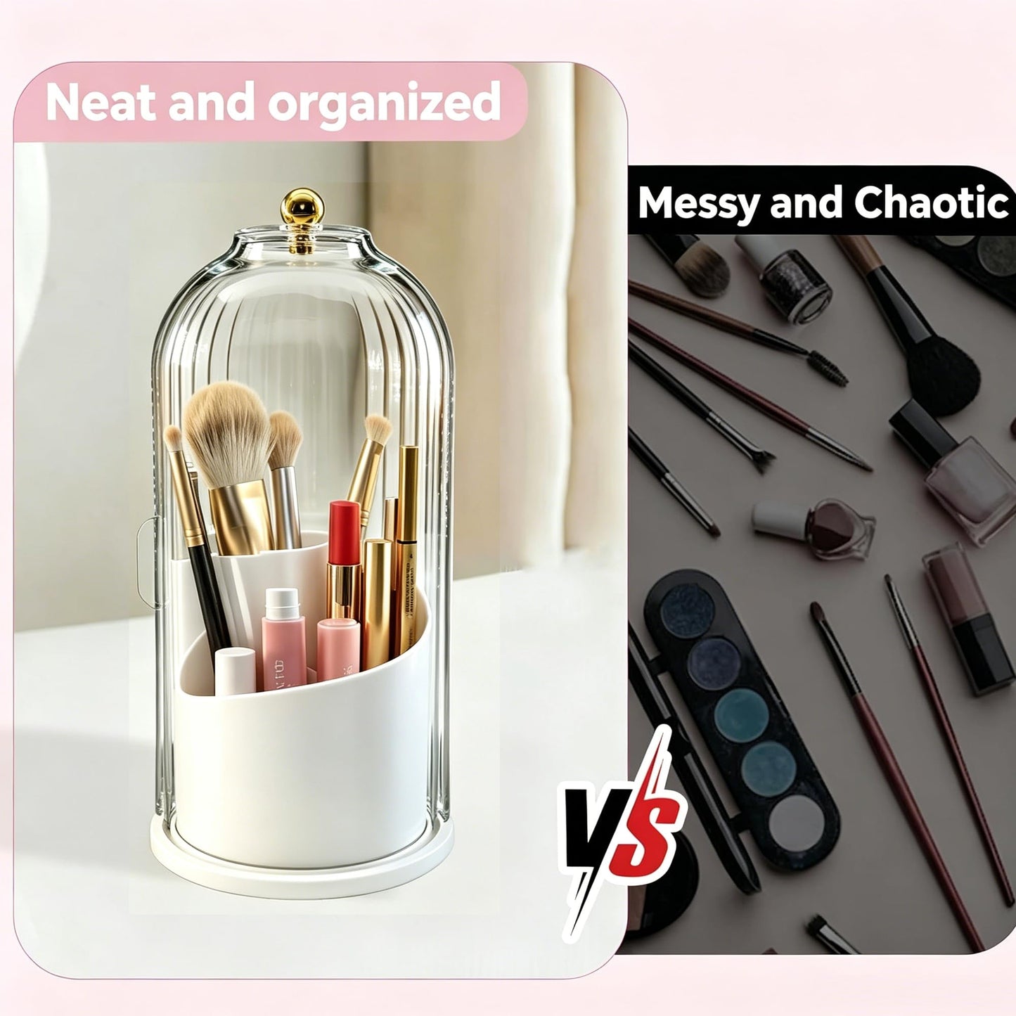 Bilziviro Makeup Brush Holder with 360° Rotating Lid, Covered Cosmetic Brush Organizer for Vanity, Bathroom Countertop Toothbrush Holder, Dustproof, Waterproof, Easy to Clean