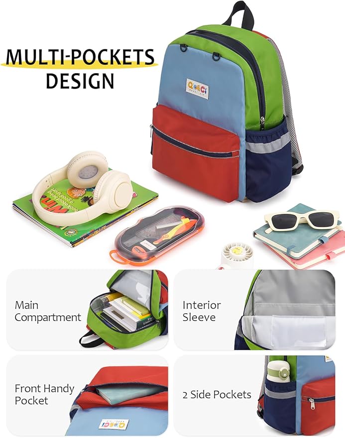 Kids Backpack for Boys Girls, Toddler Backpack for Preschool Kindergarten, 15inch Elementary School Bookbag with Reflective for Ages 6-8, Orange&Red