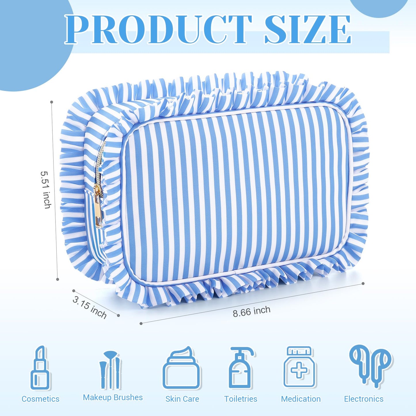 Kigeli Ruffle Makeup Bag Preppy Makeup Pouch Large Travel Cosmetic Bag Nylon Waterproof Toiletry Make up Organizer for Women(Striped,Blue)