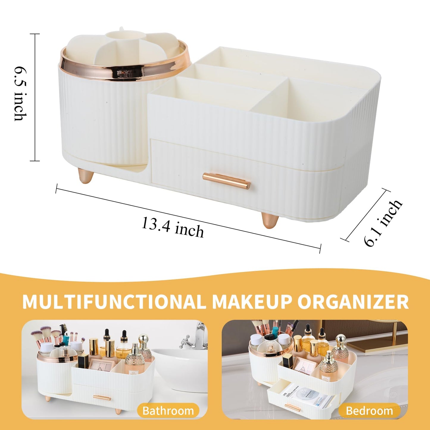 Zufudo Makeup Organizer Countertop with Drawer 360 Rotating Brush Holder Storage Large Capacity Skincare Cosmetic Display Cases for Vanity Bathroom Desktop, Model 3016 White