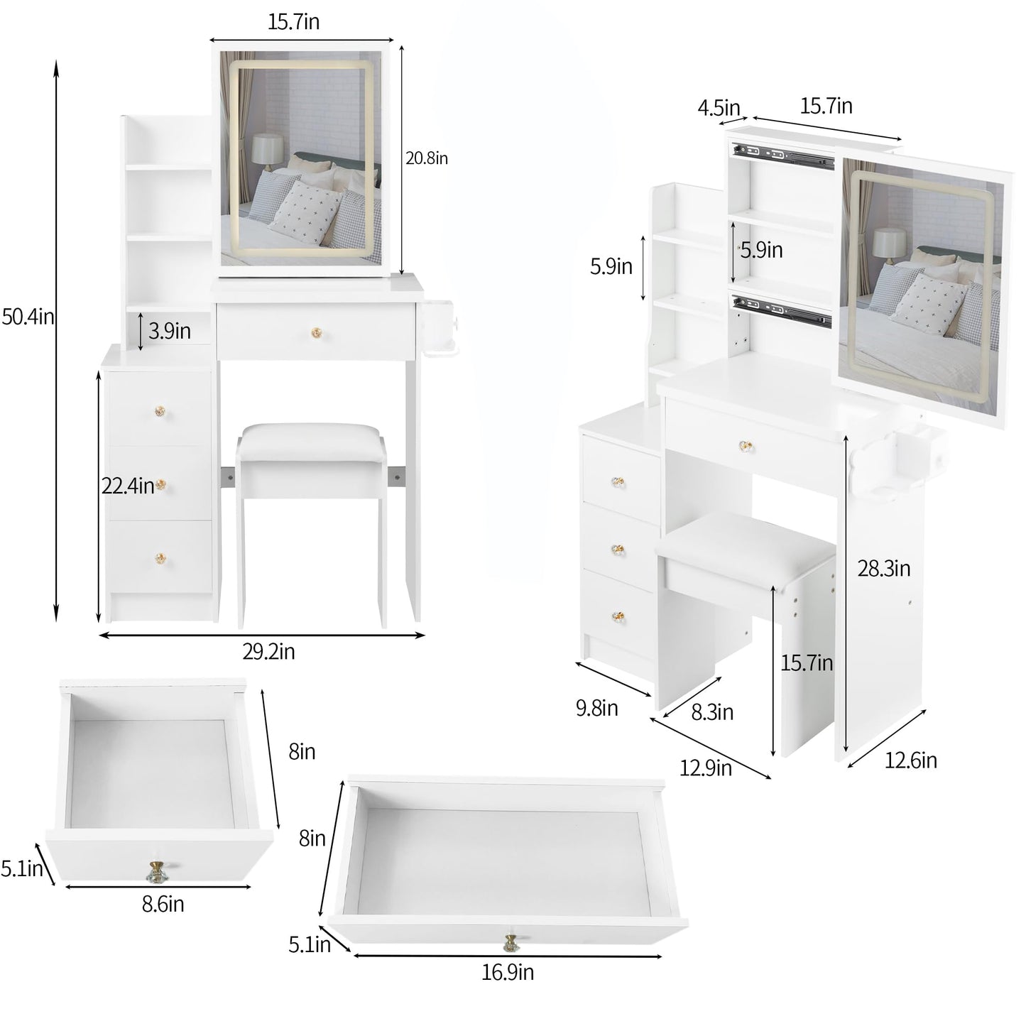 Ball & Cast 29.2" Small Size Vanity Mirror Desk with Lights and Cushioned Stool,Vanity Desk w/ 2 AC+2 USB Power Station,Hair Dryer Bracket,Large Touch Control Sliding LED Mirror,for Bedrooms,White