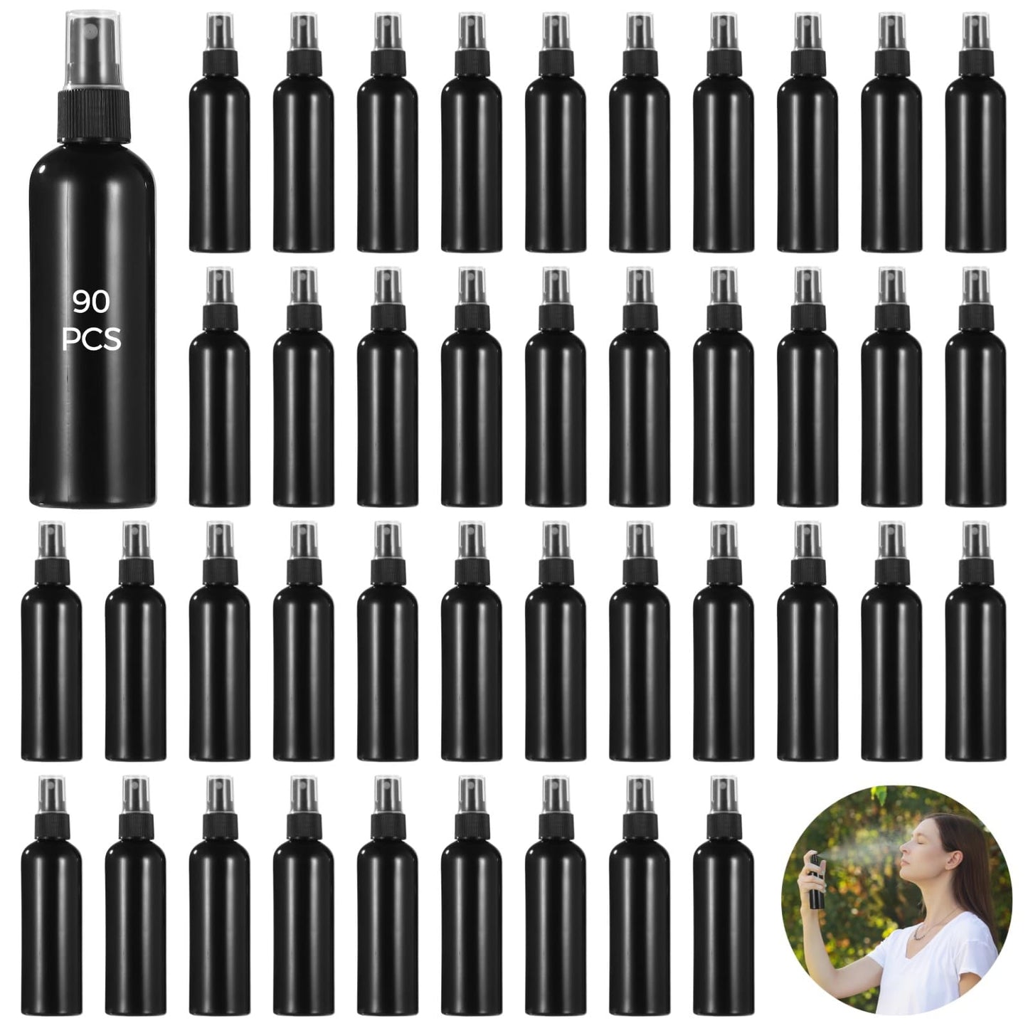 ZALIR 90 Pcs 4 oz Plastic Spray Bottles - 120 ML Travel Size, Fine Mist Sprayers, Ideal for Perfumes, Cosmetics, Cleaning Solutions, and More, Black