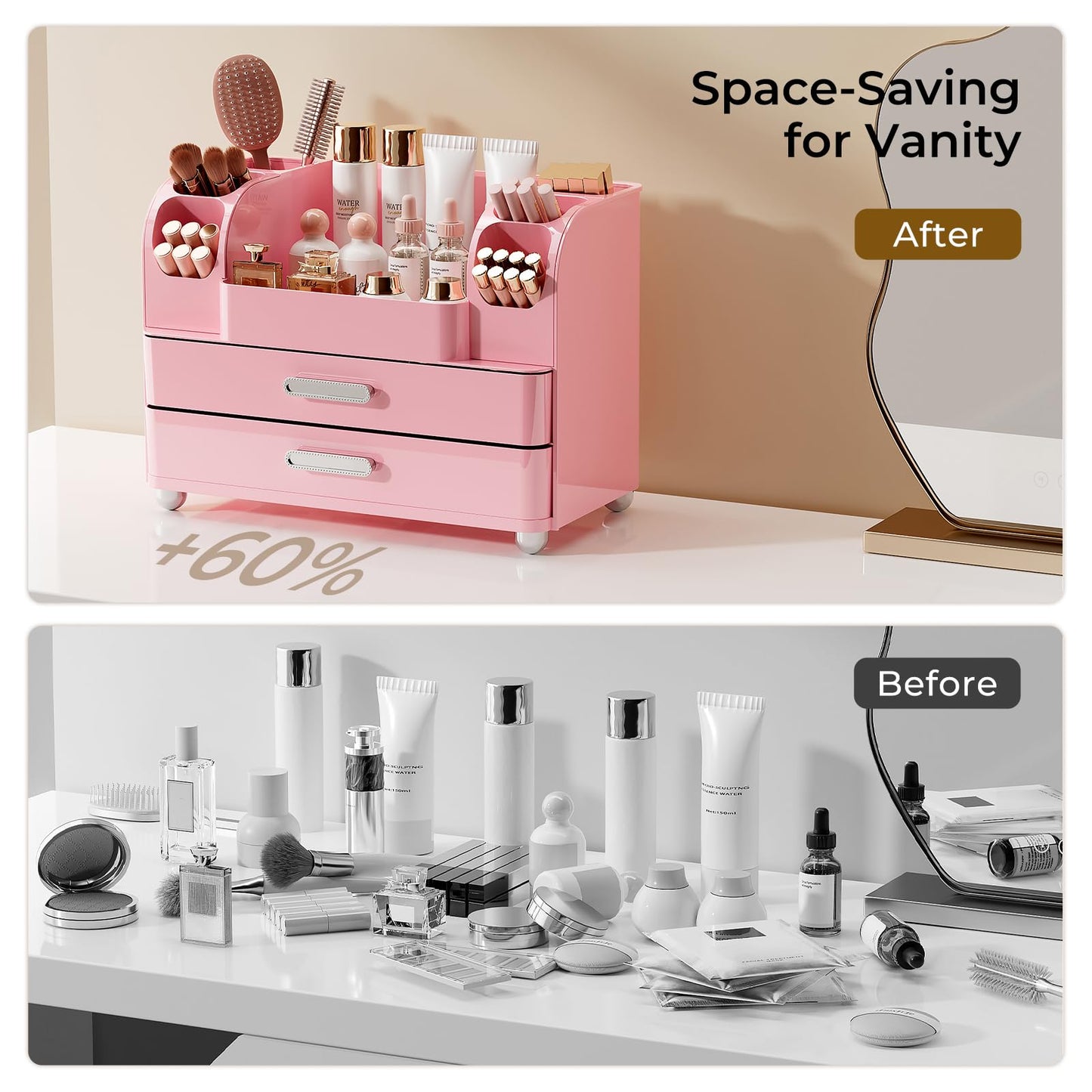 UFORU Makeup Organizer for Vanity with 2 Large Drawers, Cosmetic Display Case with Brush Holders, Easy to Storage for Bathroom Countertop Skincare, Desk Office Supplies, All Pink