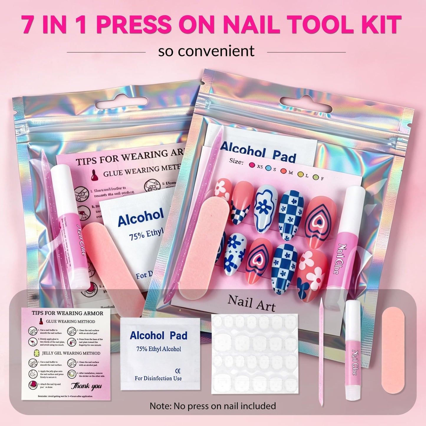 ESUOHYM 20 Sets Nails Packaging Bags for Press On Disposable Nail Supplies Kit with Holographic Bags, Glues, Instruction Cards, Tabs, File, Stick, Prep Pads, Tape Press On Nail Tools Kit for Business