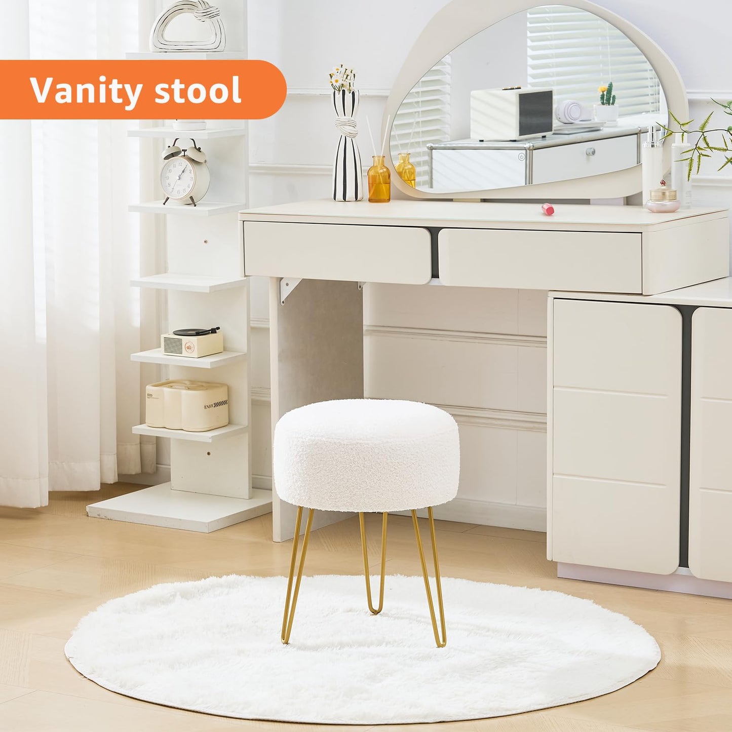 WROCFURSTAR Vanity Stool, Teddy Velvet Ottoman Foot Stool, Dressing Table Seat with Metal Leg Vanity Chair for Bedroom, Living Room, Entryway, Offices